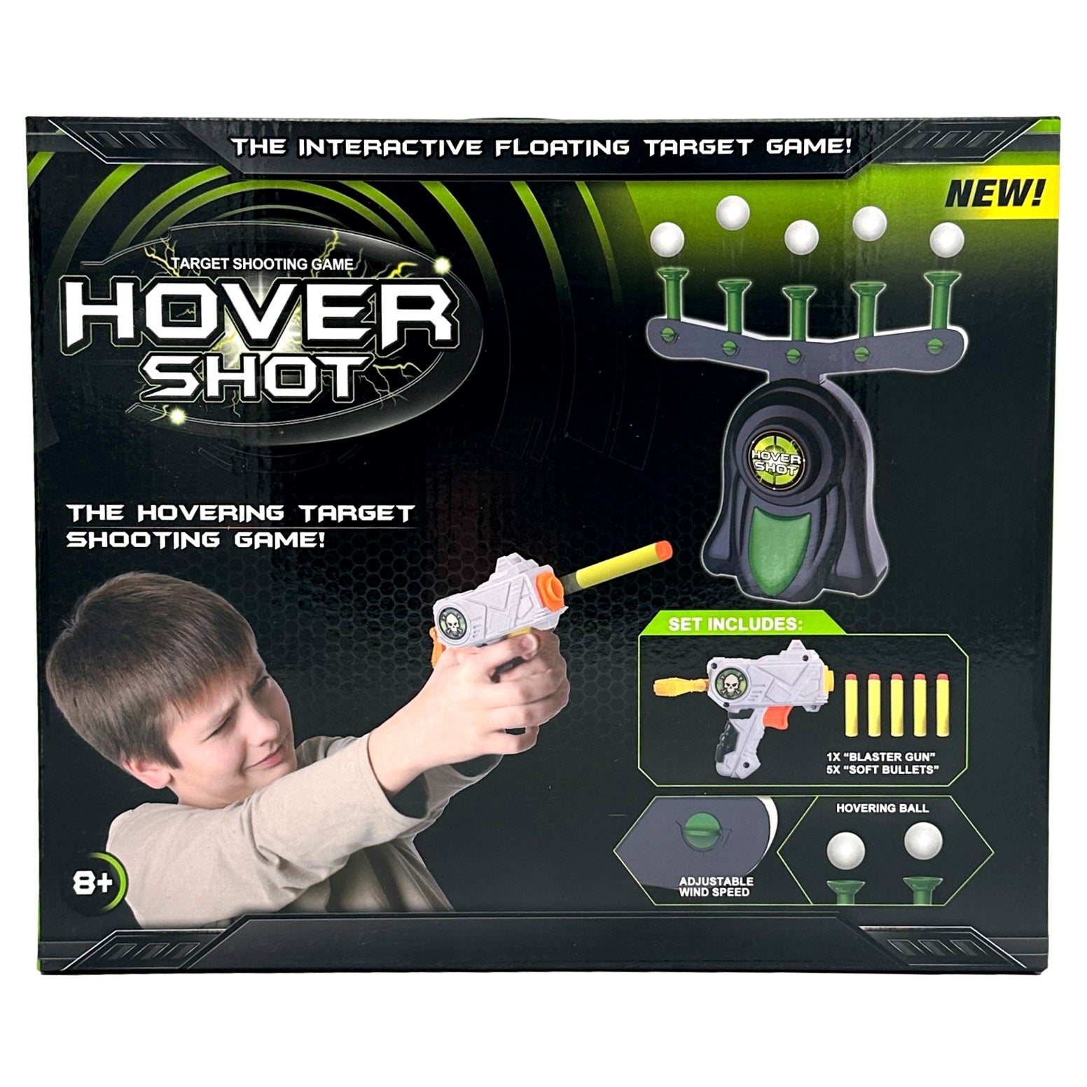 A product box for a Hover Shot interactive floating target game featuring a young boy aiming a toy blaster at floating balls.